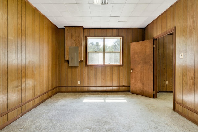 spare room featuring electric panel, light colored carpet, and wooden walls