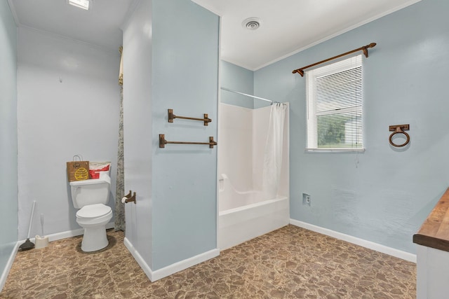 bathroom featuring crown molding, shower / bath combination with curtain, and toilet