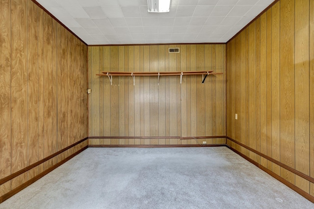 carpeted empty room with wooden walls