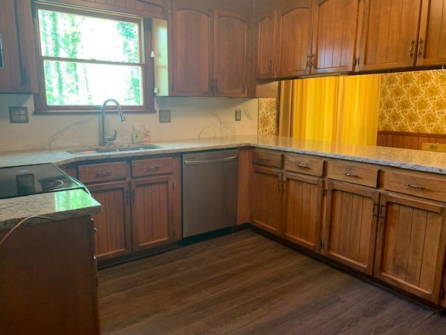 kitchen featuring dishwasher, dark wood-type flooring, light stone counters, and a sink