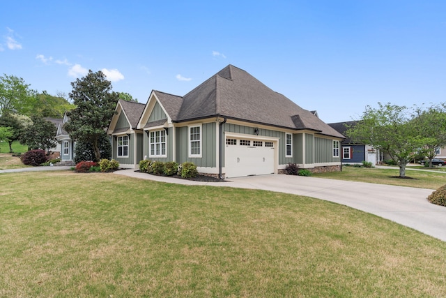 view of front of home with a front lawn, concrete driveway, a garage, a shingled roof, and board and batten siding