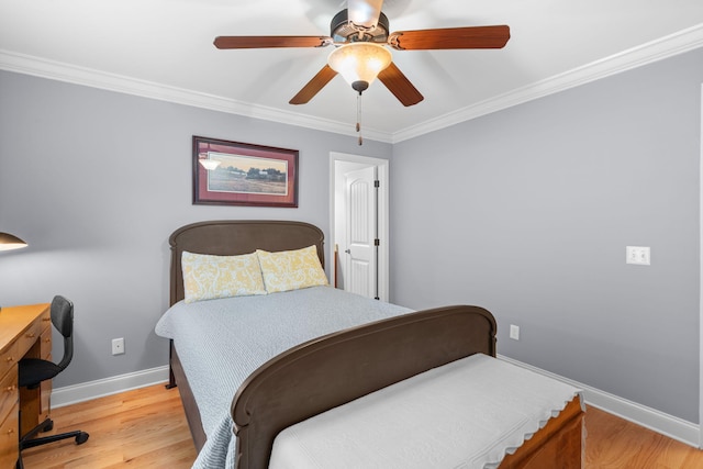 bedroom with ceiling fan, baseboards, light wood-style floors, and ornamental molding