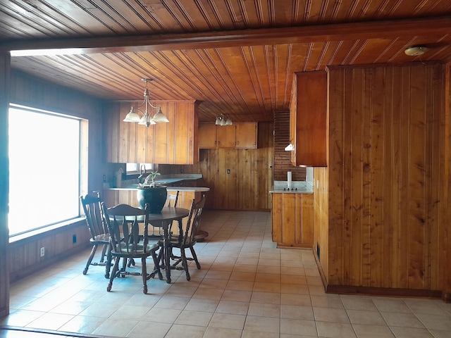 364 Cherokee Trl, Copperhill, TN 37317 - dining space featuring wood walls, wood ceiling, and an inviting chandelier
