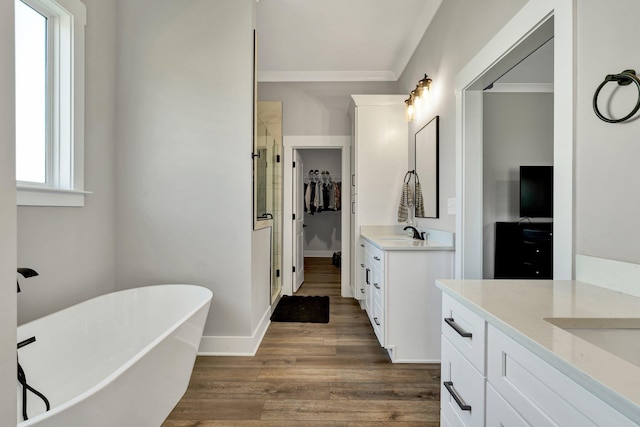 bathroom featuring a wealth of natural light, vanity, ornamental molding, and hardwood / wood-style flooring