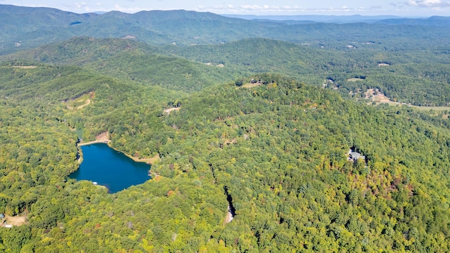 drone / aerial view featuring a water and mountain view