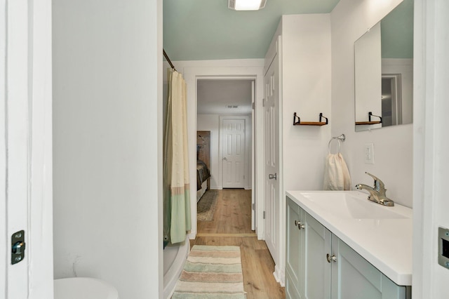 bathroom featuring hardwood / wood-style flooring and vanity