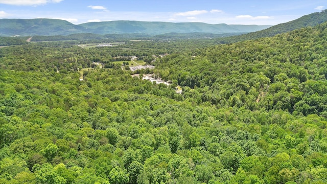 birds eye view of property featuring a mountain view and a wooded view