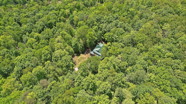 birds eye view of property featuring a wooded view