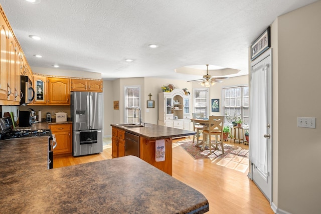 kitchen with stainless steel appliances, light hardwood / wood-style floors, sink, a kitchen island with sink, and ceiling fan