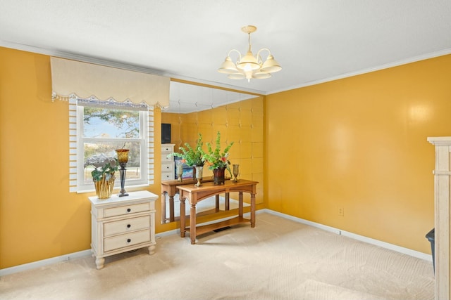 interior space with light carpet, ornamental molding, and a notable chandelier