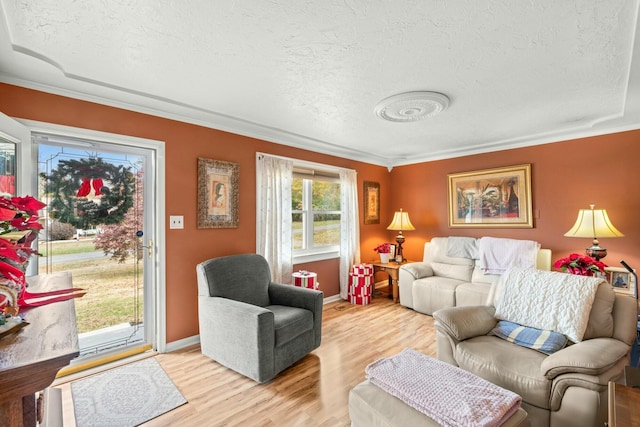 living room with light wood-type flooring, a textured ceiling, and crown molding