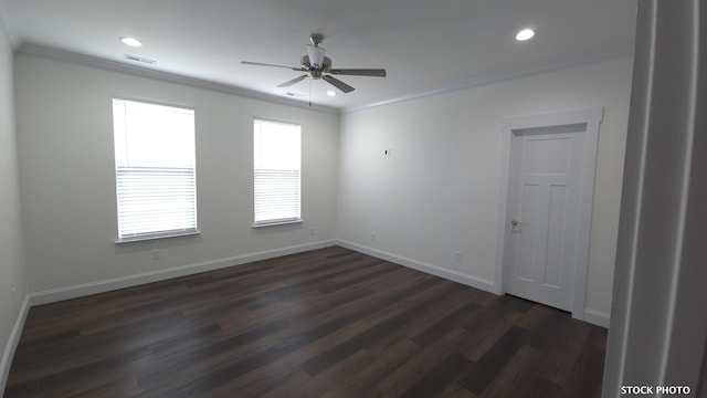 unfurnished room with dark wood-type flooring, ceiling fan, and ornamental molding