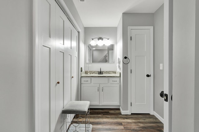 bathroom with vanity and hardwood / wood-style floors