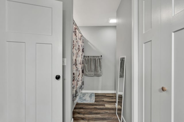 bathroom with wood-type flooring