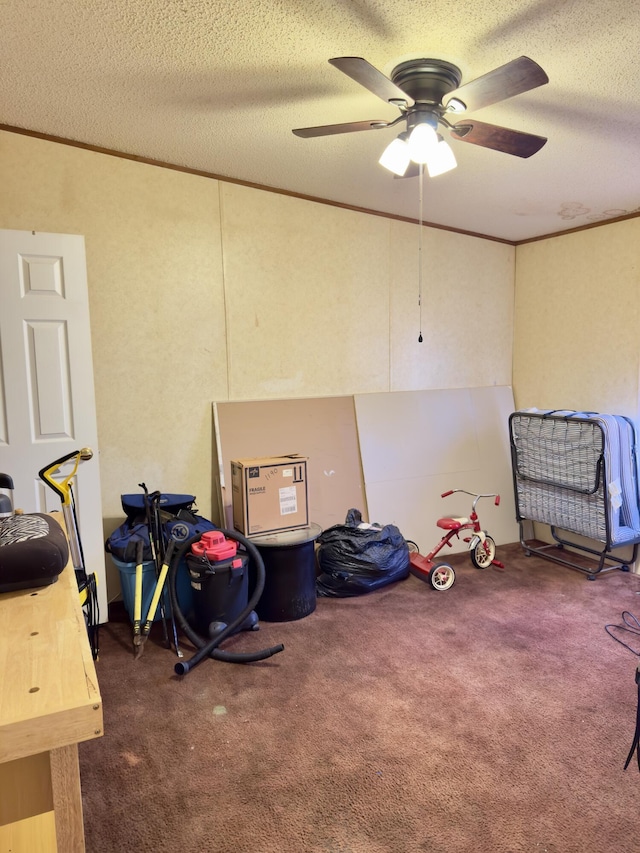 interior space with crown molding, a textured ceiling, and dark colored carpet