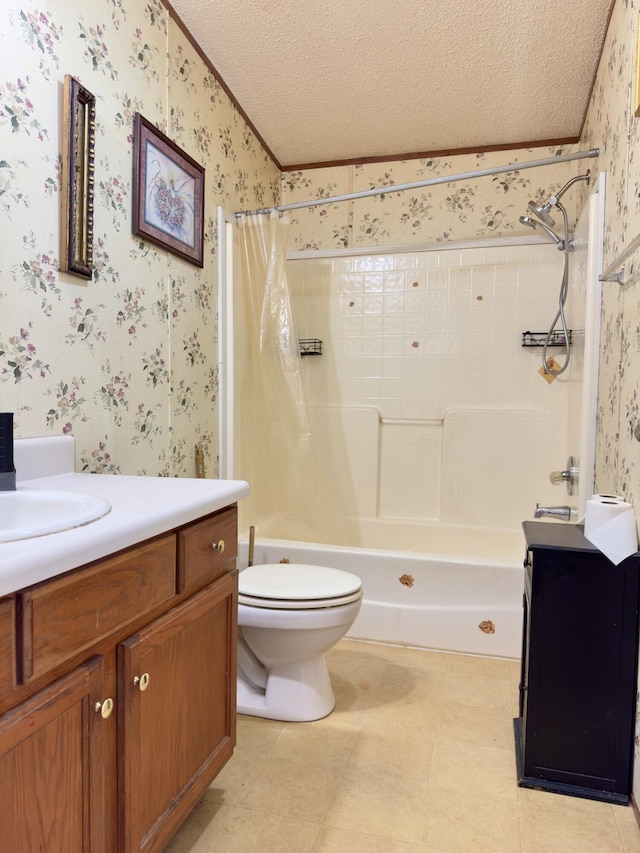 full bathroom with mail boxes, shower / bath combo, vanity, a textured ceiling, and toilet