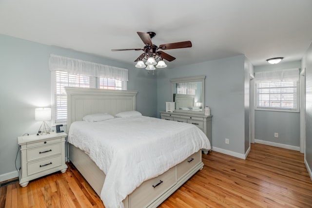 bedroom featuring ceiling fan and light hardwood / wood-style floors