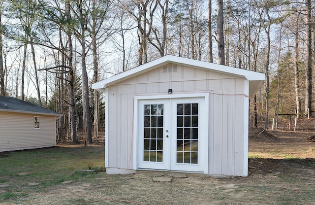 view of outdoor structure with french doors