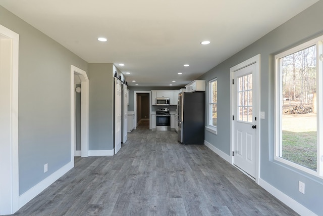 kitchen with white cabinets, a wealth of natural light, a barn door, and appliances with stainless steel finishes