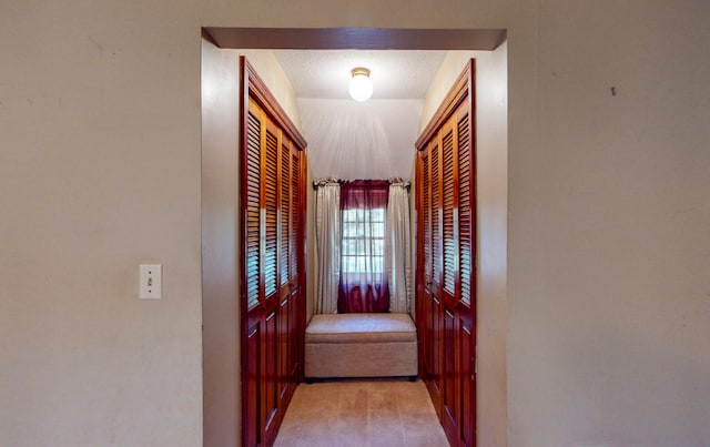 hall featuring light colored carpet and a textured ceiling