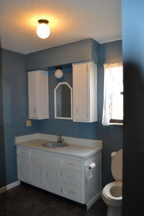 bathroom with vanity, a textured ceiling, and toilet