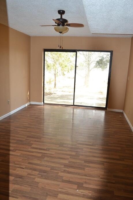 spare room with a textured ceiling, ceiling fan, dark wood-type flooring, and a wealth of natural light