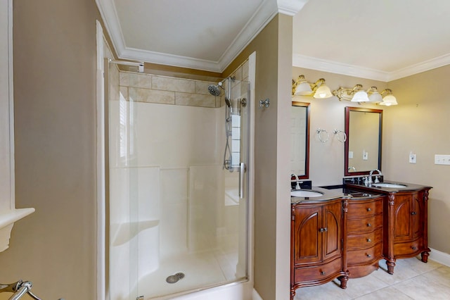 117 Windswept Dr NE, Cleveland, TN 37312 - bathroom featuring a stall shower, ornamental molding, double vanity, and tile patterned flooring