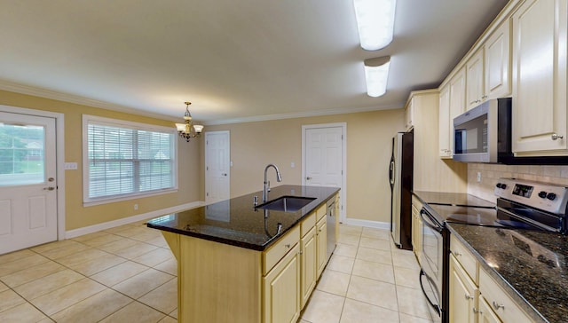 117 Windswept Dr NE, Cleveland, TN 37312 - kitchen with stainless steel appliances, a chandelier, light tile patterned floors, crown molding, and tasteful backsplash