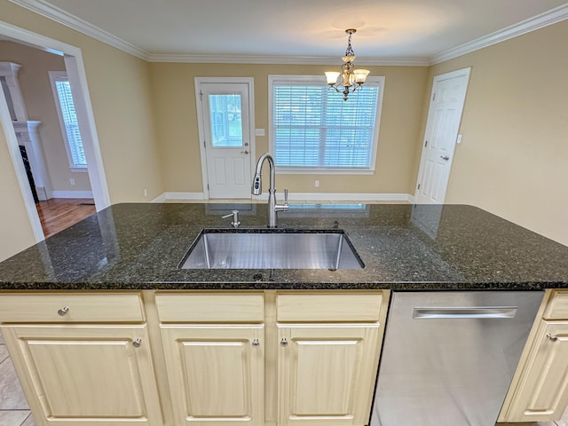 117 Windswept Dr NE, Cleveland, TN 37312 - kitchen featuring stainless steel dishwasher, crown molding, healthy amount of natural light, a chandelier, and dark stone countertops