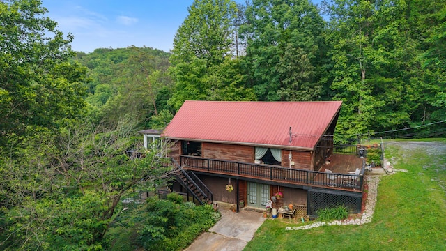151 Townview Dr, Tellico Plains, TN 37385 - back of house with french doors, a wooden deck, a yard, and stairs