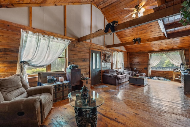 151 Townview Dr, Tellico Plains, TN 37385 - living room featuring wood walls, hardwood / wood-style flooring, a ceiling fan, and wooden ceiling