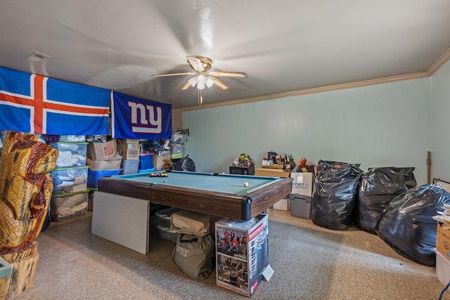151 Townview Dr, Tellico Plains, TN 37385 - recreation room featuring carpet flooring, pool table, crown molding, and ceiling fan