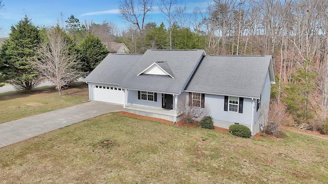 view of front of house featuring a garage, a front lawn, roof with shingles, concrete driveway, and crawl space