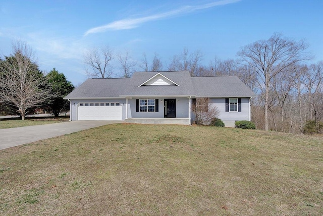 view of front facade featuring covered porch, a front lawn, concrete driveway, and a garage