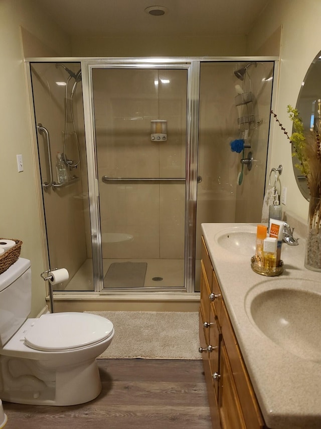 7054 Ski Club Rd, Harrison, TN 37341 - bathroom featuring wood finished floors, toilet, double vanity, and a shower stall