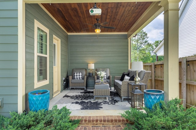 view of patio with ceiling fan and an outdoor hangout area