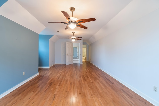 bonus room featuring ceiling fan, lofted ceiling, and light hardwood / wood-style flooring