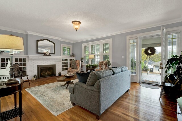 431 Highland Ave NW, Cleveland, TN 37311 - living area with wood finished floors, crown molding, a textured ceiling, and a fireplace