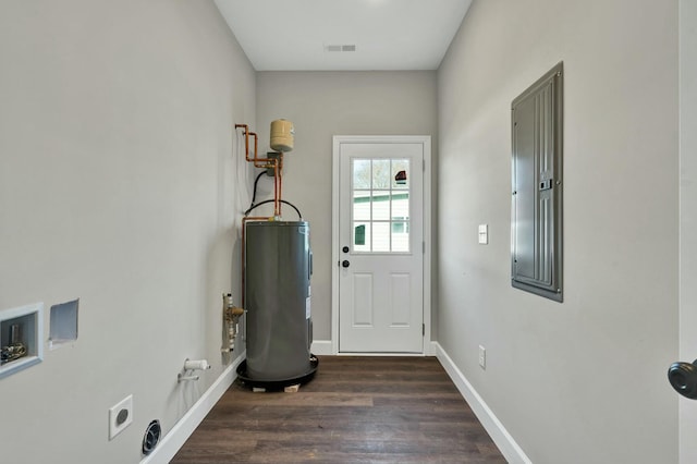 entryway featuring electric water heater, dark wood-type flooring, and electric panel