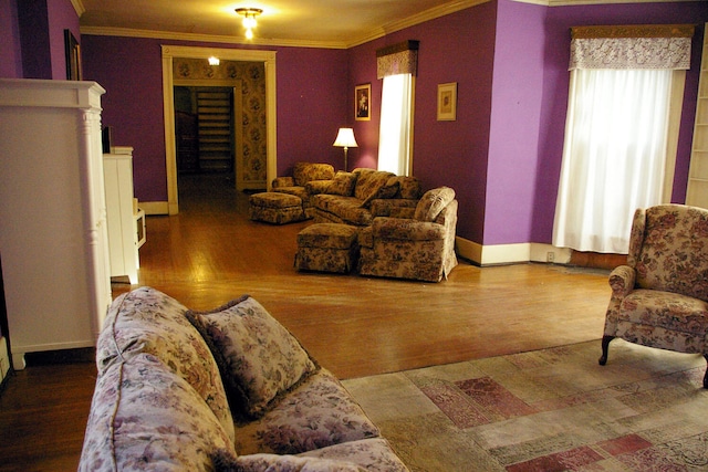 living room featuring baseboards, wood finished floors, and crown molding