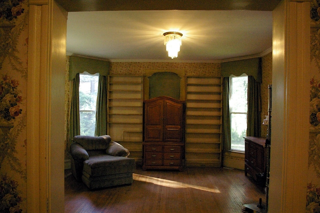 sitting room with ornamental molding, wood-type flooring, and plenty of natural light