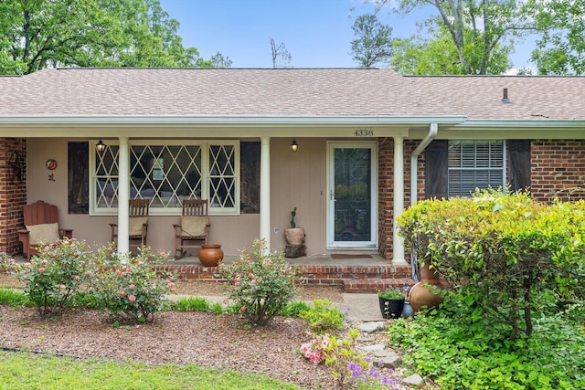 doorway to property featuring roof with shingles, a porch, and brick siding