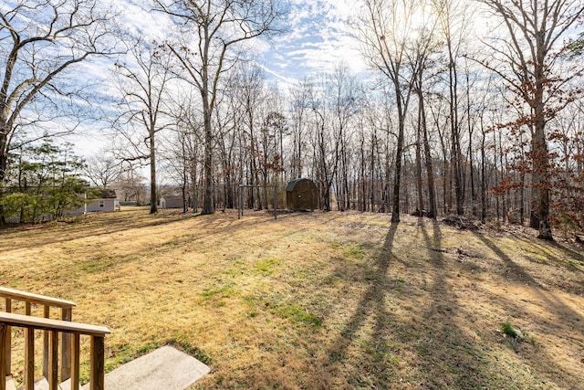 view of yard featuring a storage shed