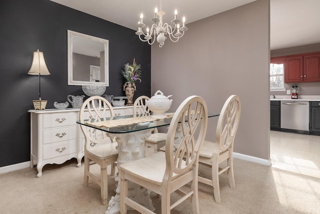 carpeted dining area with an inviting chandelier