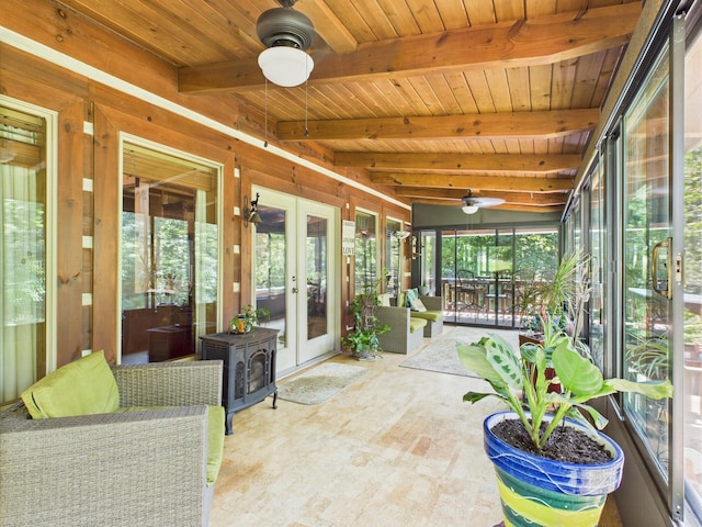 1150 Pin Hook Rd, Spring City, TN 37381 - sunroom / solarium featuring french doors, ceiling fan, beamed ceiling, and outdoor dining area