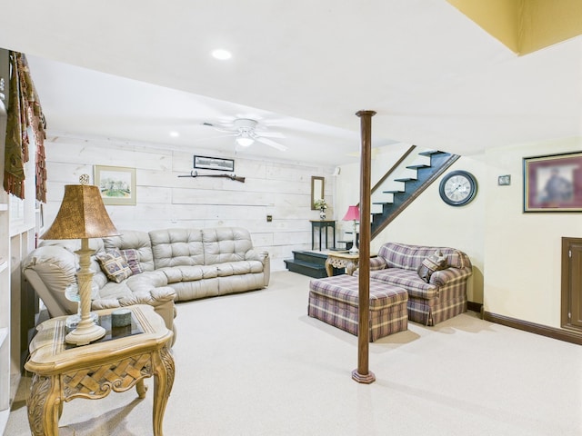 1150 Pin Hook Rd, Spring City, TN 37381 - carpeted living area with stairs, recessed lighting, ceiling fan, and wood walls