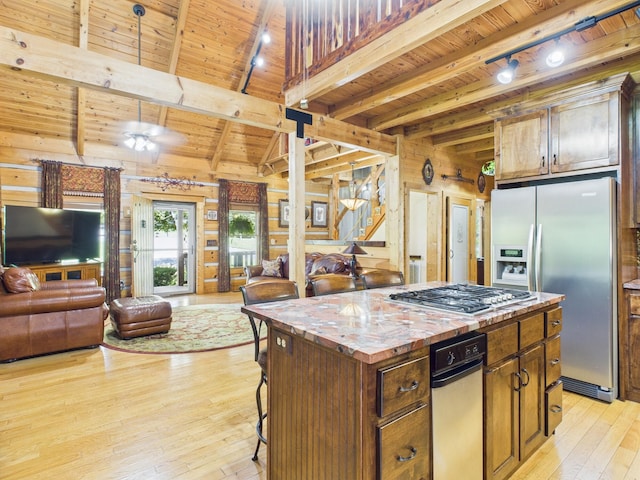 1150 Pin Hook Rd, Spring City, TN 37381 - kitchen featuring stainless steel appliances, a wood ceiling with exposed beams, open floor plan, light wood finished floors, and a center island
