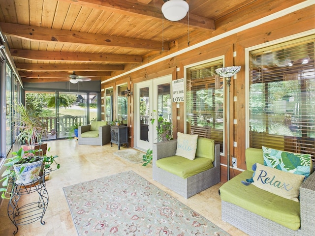 1150 Pin Hook Rd, Spring City, TN 37381 - sunroom featuring french doors, a ceiling fan, and beam ceiling