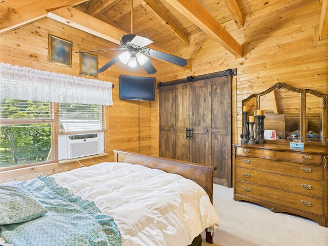 1150 Pin Hook Rd, Spring City, TN 37381 - bedroom with wooden walls, a barn door, wooden ceiling, carpet flooring, and cooling unit