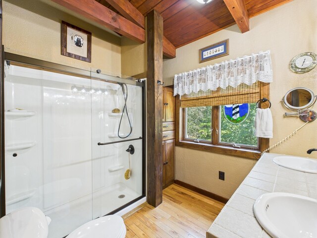 1150 Pin Hook Rd, Spring City, TN 37381 - bathroom with hardwood / wood-style flooring, a wooden ceiling with exposed beams, a shower stall, and double vanity